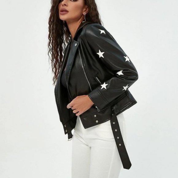 Black Star Print Zip Up PU Leather Moto Jacket - Picture 3 of 5
